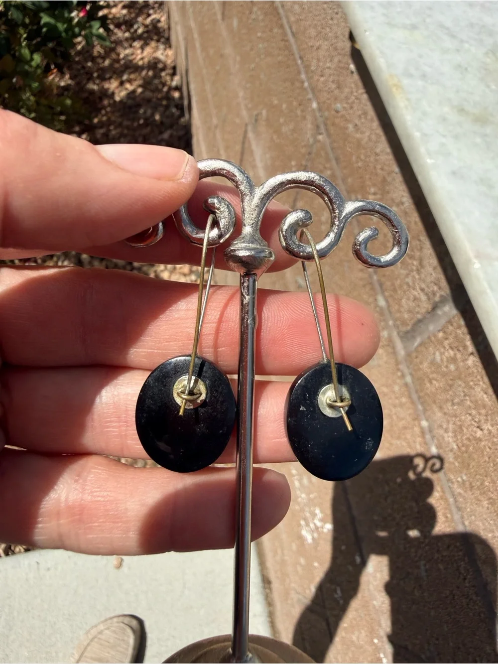 Vintage Mod Black Silver Concentric Circle Dangle Earrings Long Wire Drop